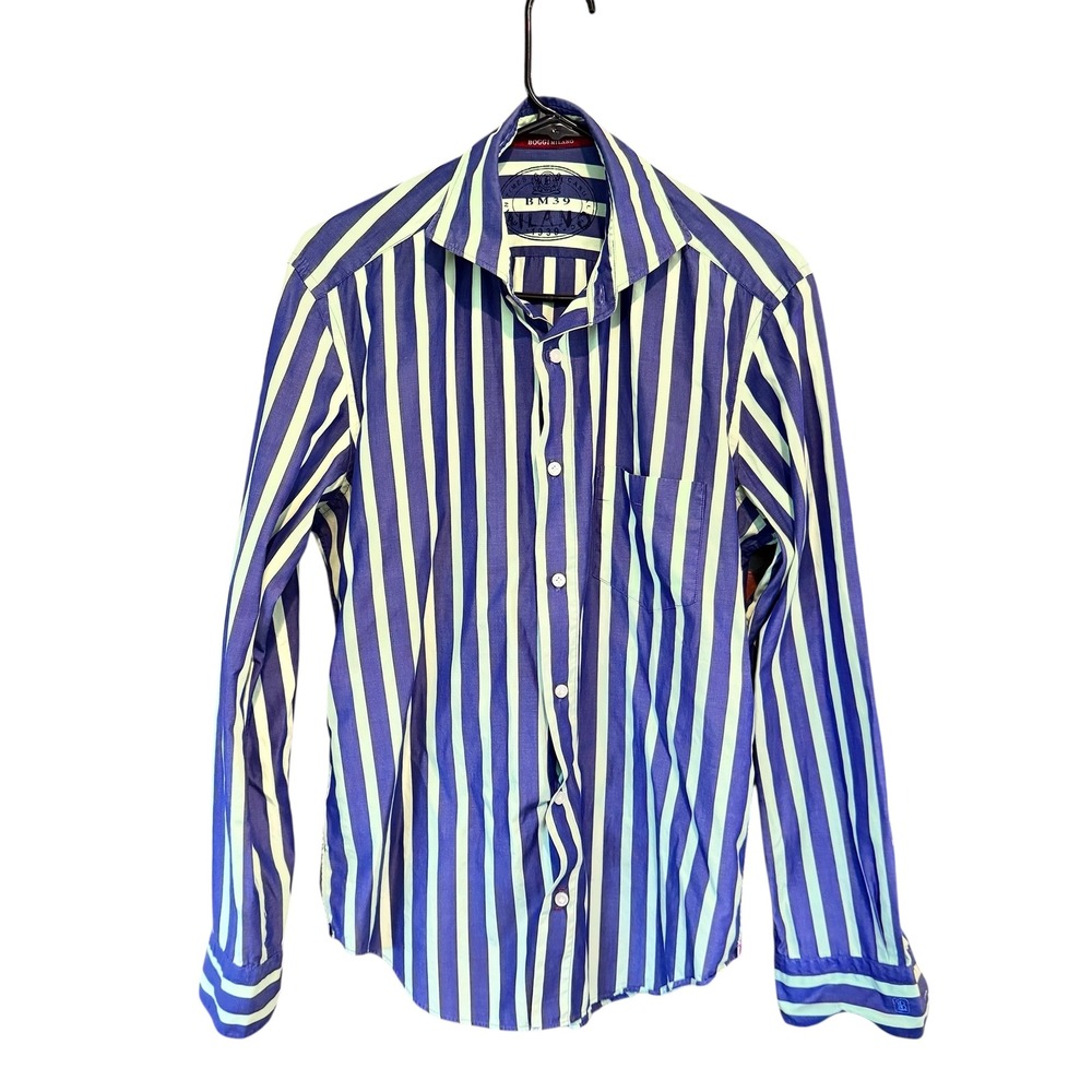 Boggi Milano Mens Medium Blue Green Striped Long Sleeve Button Down Shirt BM39